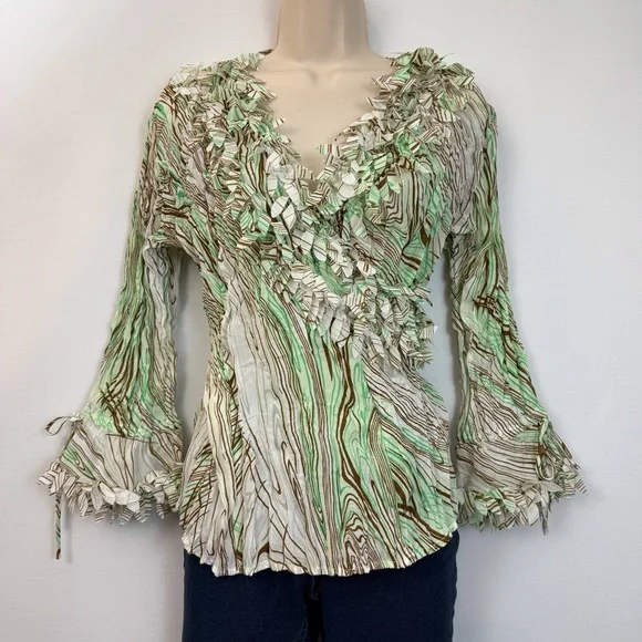 Piano Green Brown Crinkle Blouse - Picture 1 of 16